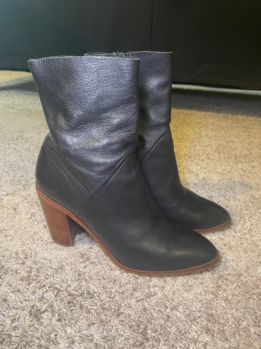 Aldo Black Leather Mid-Calf Block Heel Boots